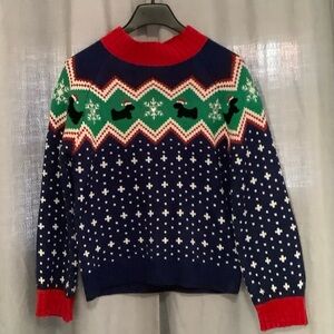 Festive Holiday Blue Sweater with Red and Green Accents